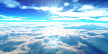 Bulutların üzerinde günbatımı güneş ışığı illüstrasyonu, 3 boyutlu görüntüleme