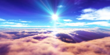 Bulutların üzerinde günbatımı güneş ışığı illüstrasyonu, 3 boyutlu görüntüleme