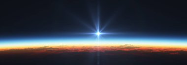 Bulutlu okyanus üzerinden Dünya 'nın doğuşu. 3d resimleme