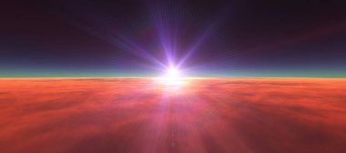 Bulutların üzerinde günbatımı güneş ışığı illüstrasyonu, 3 boyutlu görüntüleme