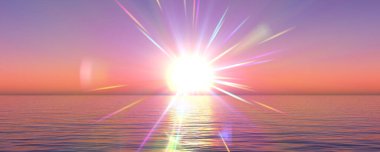 Gün batımı deniz ışığı gökyüzü berrak, üç boyutlu resimleme