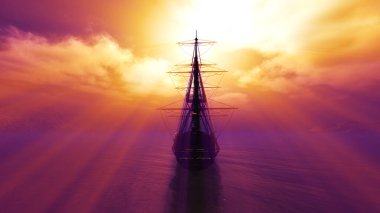 Eski gemi gün batımında deniz çiziminde 3D görüntüleme