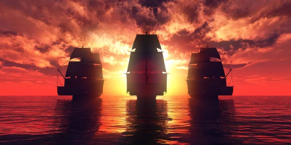 Oude Drie Schepen Zonsondergang Zee Weergave Illustratie Stockafbeelding