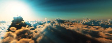 Bulutların üzerinde günbatımı güneş ışığı illüstrasyonu, 3 boyutlu görüntüleme