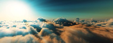 Bulutların üzerinde günbatımı güneş ışığı illüstrasyonu, 3 boyutlu görüntüleme