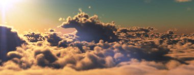 Bulutların üzerinde günbatımı güneş ışığı illüstrasyonu, 3 boyutlu görüntüleme