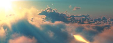 Bulutların üzerinde günbatımı güneş ışığı illüstrasyonu, 3 boyutlu görüntüleme