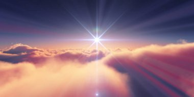 Bulutların üzerinde gün doğumu güneş ışığı çizimi, 3 boyutlu görüntüleme