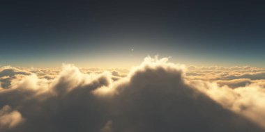 Bulutların üzerinde gün doğumu güneş ışığı çizimi, 3 boyutlu görüntüleme