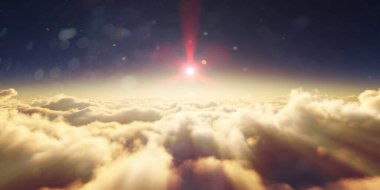 Bulutların üzerinde gün doğumu güneş ışığı çizimi, 3 boyutlu görüntüleme