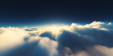 Bulutların üzerinde gün doğumu güneş ışığı çizimi, 3 boyutlu görüntüleme