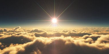 Bulutların üzerinde gün doğumu güneş ışığı çizimi, 3 boyutlu görüntüleme