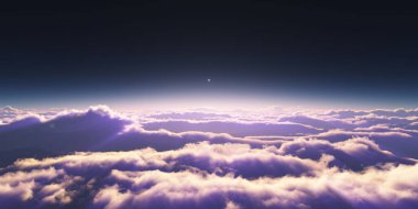 Bulutların üzerinde gün doğumu güneş ışığı çizimi, 3 boyutlu görüntüleme