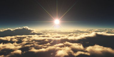 Bulutların üzerinde gün doğumu güneş ışığı çizimi, 3 boyutlu görüntüleme