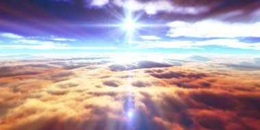 Bulutların üzerinde günbatımı güneş ışığı illüstrasyonu, 3 boyutlu görüntüleme