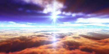 Bulutların üzerinde günbatımı güneş ışığı illüstrasyonu, 3 boyutlu görüntüleme