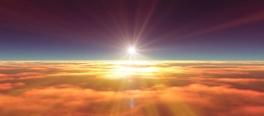 Bulutların üzerinde günbatımı güneş ışığı illüstrasyonu, 3 boyutlu görüntüleme