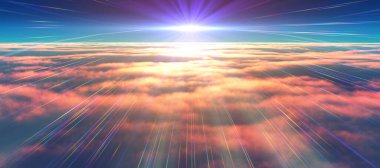 Bulutların üzerinde günbatımı güneş ışığı illüstrasyonu, 3 boyutlu görüntüleme