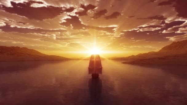 Θάλασσα Ηλιοβασίλεμα Φως Παλιό Πλοίο — Αρχείο Βίντεο