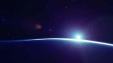 Uzayda gün doğumu. Dünya 'nın üzerinde yükselen güneş