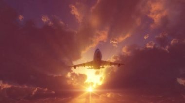 plane lands at sunset 4k