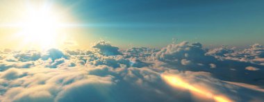 Bulutların üzerinde günbatımı güneş ışığı illüstrasyonu, 3 boyutlu görüntüleme