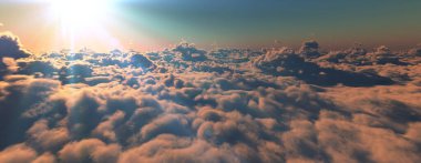 Bulutların üzerinde günbatımı güneş ışığı illüstrasyonu, 3 boyutlu görüntüleme