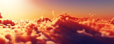 Bulutların üzerinde günbatımı güneş ışığı illüstrasyonu, 3 boyutlu görüntüleme