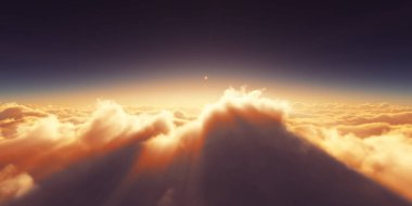 Bulutların üzerinde gün doğumu güneş ışığı çizimi, 3 boyutlu görüntüleme