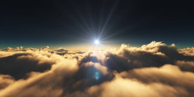 Bulutların üzerinde gün doğumu güneş ışığı çizimi, 3 boyutlu görüntüleme