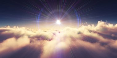 Bulutların üzerinde gün doğumu güneş ışığı çizimi, 3 boyutlu görüntüleme