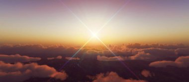 Bulutların üzerinde günbatımı güneş ışığı illüstrasyonu, 3 boyutlu görüntüleme