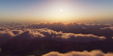 Bulutların üzerinde günbatımı güneş ışığı illüstrasyonu, 3 boyutlu görüntüleme