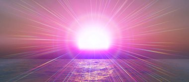 Gün batımı deniz ışığı gökyüzü berrak, üç boyutlu resimleme