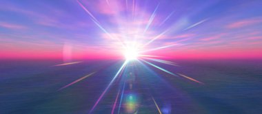 Gün batımı deniz ışığı gökyüzü berrak, üç boyutlu resimleme