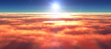 Bulutların üzerinde günbatımı güneş ışığı illüstrasyonu, 3 boyutlu görüntüleme