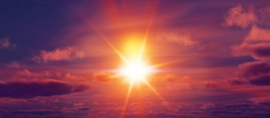 Gün batımı, bulutlu gün doğumu, ışık ışınları ve diğer atmosferik etkiler, 3 boyutlu illüstrasyon