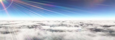 Bulutların üzerinde güneş ışınları, 3 boyutlu resimleme
