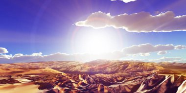 Çölde kum tepeleri batıyor. 3d resimleme