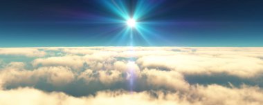 Bulutların üzerinde uç günbatımı manzarası. 3d resimleme