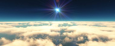 Bulutların üzerinde uç günbatımı manzarası. 3d resimleme