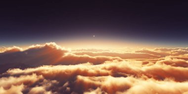 Bulutların üzerinde gün doğumu güneş ışığı çizimi, 3 boyutlu görüntüleme