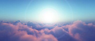 Bulutların üzerinde günbatımı güneş ışığı illüstrasyonu, 3 boyutlu görüntüleme