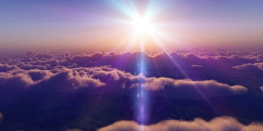 Bulutların üzerinde günbatımı güneş ışığı illüstrasyonu, 3 boyutlu görüntüleme