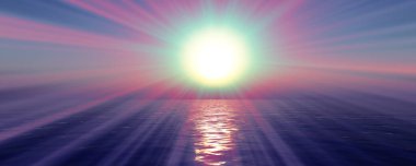 Gün batımı deniz ışığı gökyüzü berrak, üç boyutlu resimleme