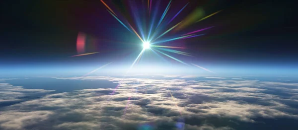 Salida Del Sol Tierra Desde Espacio Sobre Océano Nublado Ilustración — Foto de Stock