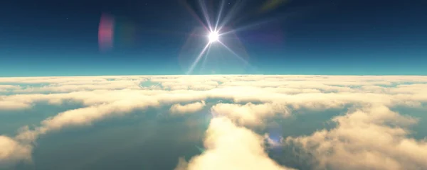 飞越云彩落日的风景 3D渲染说明 — 图库照片