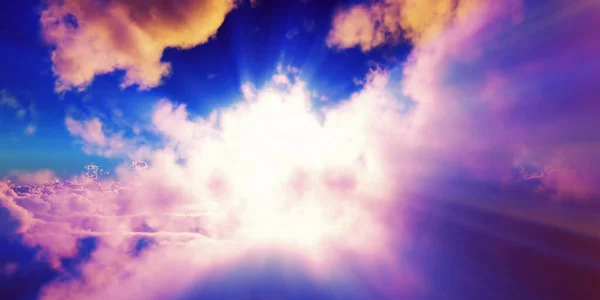 雲の上の太陽光線の日没 3Dレンダリング図 — ストック写真