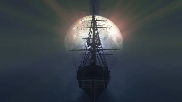 Stary Statek Morzu Pełnia Księżyca Ilustracja Renderowania — Zdjęcie stockowe