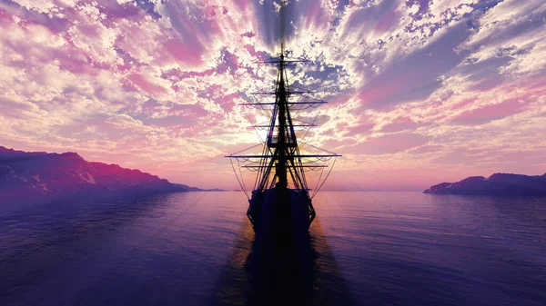 Старий Корабель Захід Сонця Морі Ілюстрація Рендеринга — стокове фото